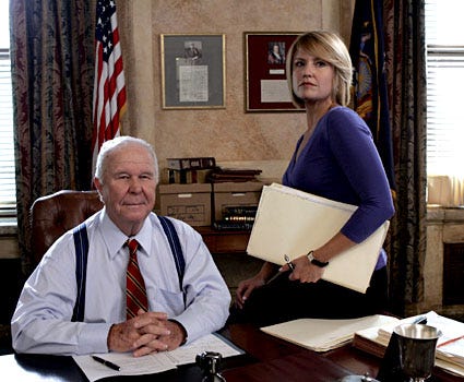 Law & Order - Season 19, "Zero" - Ned Beatty as Judge Malcom Reynolds, Sherry Stringfield as Carly Beck