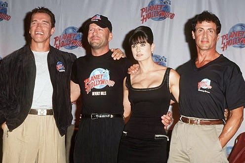 Arnold Schwarzenegger, Bruce Willis, Demi Moore and Sylvester Stallone - Planet Hollywood Grand Opening in Beverly Hills, September 17, 1995