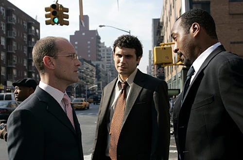 Law & Order - Season 18 - "Bottomless" - David Drake as "Herbert Wiggins", Jeremy Sisto as "Cyrus Lupo", Jesse L. Martin as "Det. Ed Green"