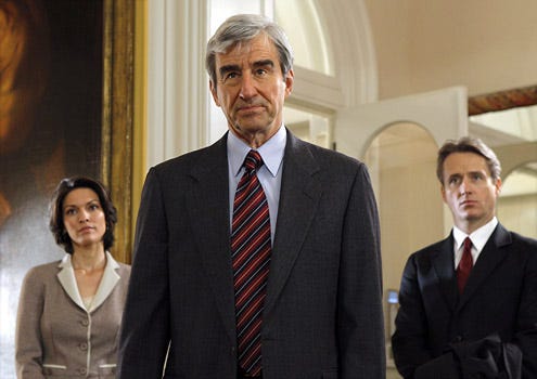 Law & Order - Season 19 - "The Drowned and the Saved" - Alana De La Garza as A.D.A. Connie Rubirosa, Sam Waterston as District Attorney Jack McCoy and Linus Roache as A.D.A. Michael Cutter