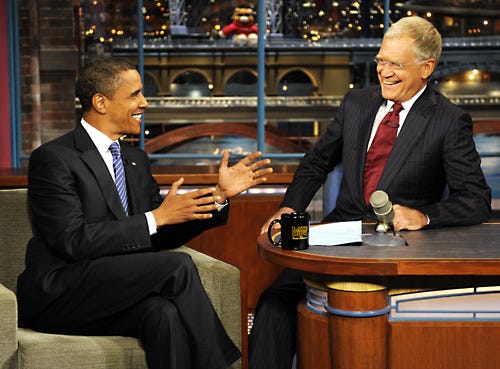 The Late Show with David Letterman - Democratic Presidential nominee Sen. Barack Obama stops by the Ed Sullivan Theater to talk to Dave when he makes his 5th visit to the Late Show with David Letterman - Sept. 10, 2008