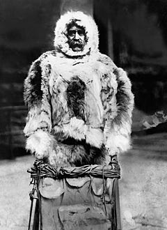 American Experience - "Minik, the Lost Eskimo" -  Robert E. Peary, the man usually credited with first reaching the North Pole, wearing furs and driving a sled in 1909.