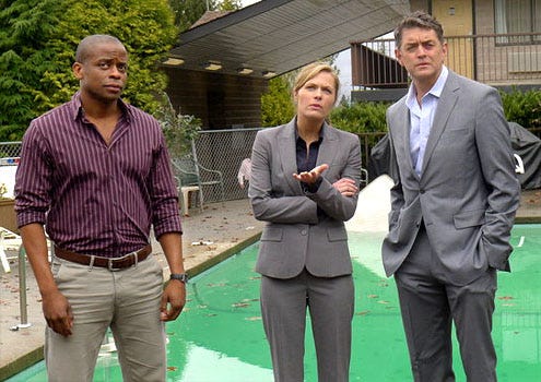 Psych - Season 6 - "Last Night Gus" - Dule Hill as Gus Guster, Maggie Lawson as Juliet O'Hara and Timothy Omundson as Carlton Lassiter