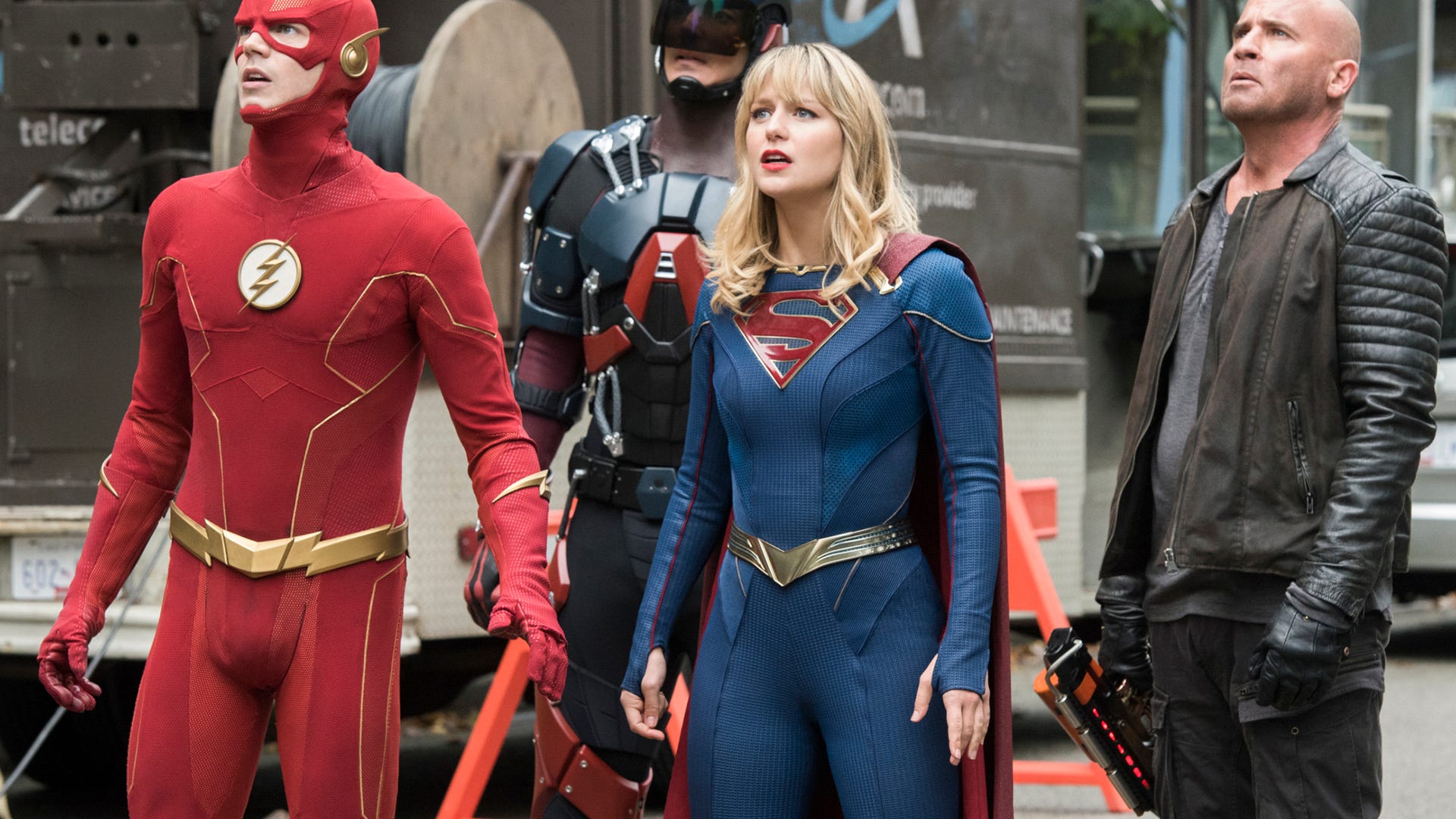 Grant Gustin, Brandon Routh, Melissa Benoist, and Dominic Purcell, Crisis on Infinite Earths