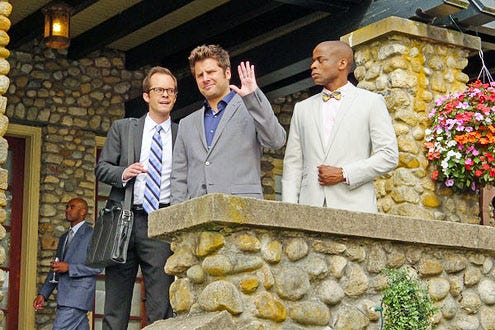 Psych - Season 7 - "The Santabarbarian Candidate" - Neil Grayston, James Roday and Dule Hill