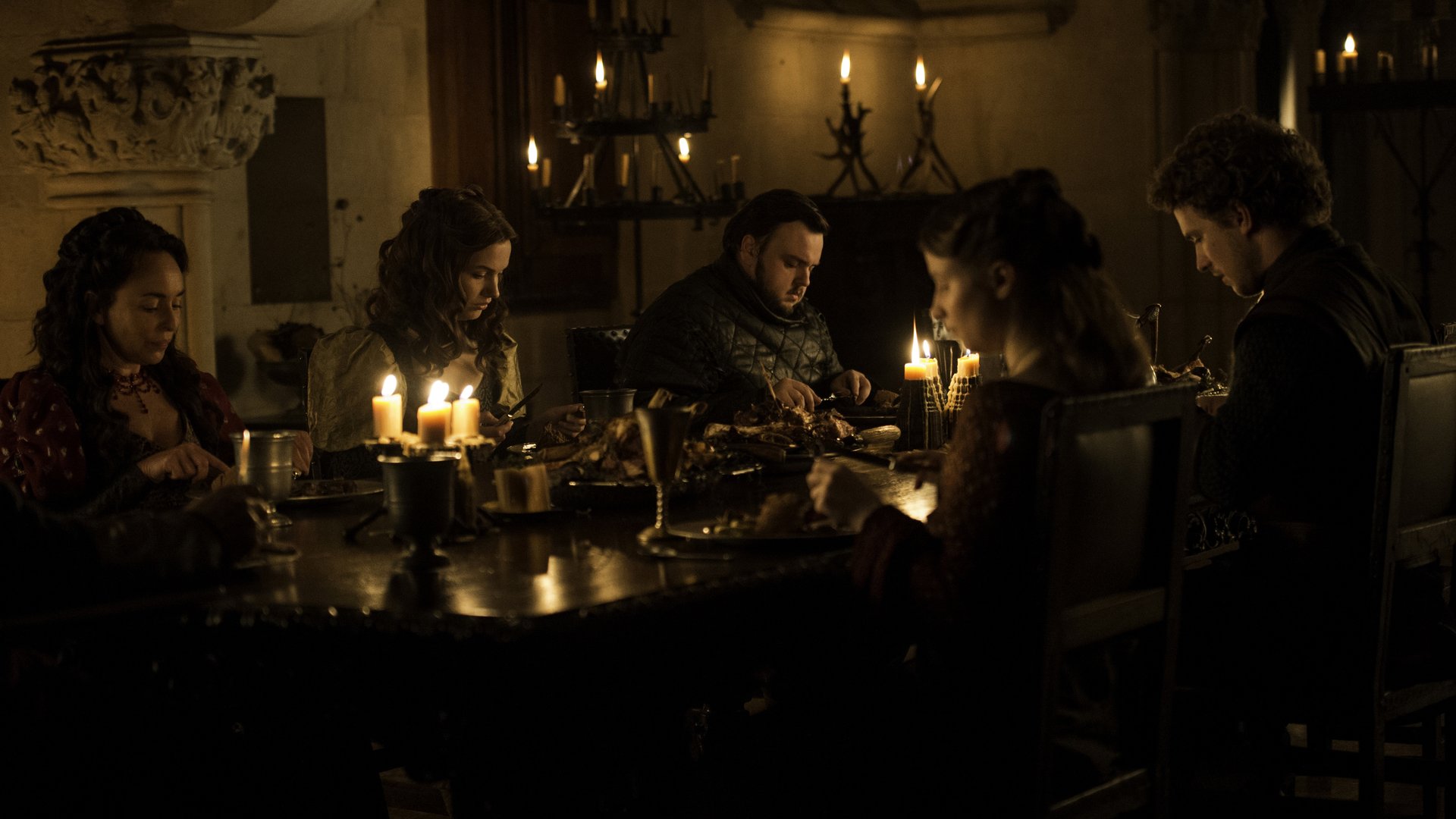 Samantha Spiro, Hannah Murray, John Bradley, Freddie Stroma, Rebecca Benson. photo: Macall B. Polay/courtesy of HBO