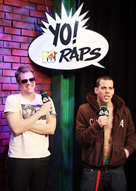 Johnny Knoxville (L) and Steve-O appear onstage during the "Jackassworld: 24 Hour Takeover" to celebrate the launch of Jackassworld.com at the MTV Times Square Studios - New York City - Feb. 23, 2008