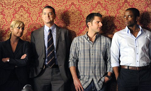 Psych - Season 3 - "Bollywood Homicide" - Maggie Lawson as Juliet O'Hara, Timothy Omundson as Carlton Lassiter, James Roday as Shawn Spencer and Dule Hill as Gus Guster