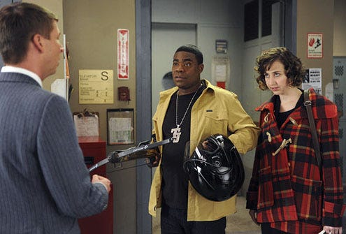 30 Rock - Season 6 - "Grandmentor" - Jack McBrayer as Kenneth Parcell, Tracy Morgan as Tracy Jordan and Kristen Schaal as Hazel