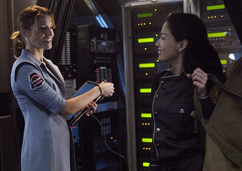 Battlestar Galactica - Season 4 - "Razor" - Tricia Helfer as Gina and Stephanie Jacobsen as Kendra Shaw