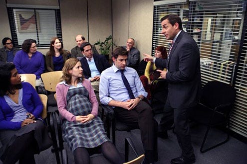 The Office - Season 6 - "The Delivery" -  Mindy Kaling as Kelly Kapoor, Jenna Fischer as Pam Halpert, John Krasinski as Jim Halpert and Steve Carell as Michael Scott