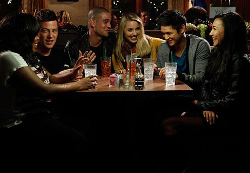 Glee - Season 4 - Thanksgiving - Amber Riley, Cory Monteith, Mark Salling, Dianna Agron, Harry Shum Jr., and Naya Rivera