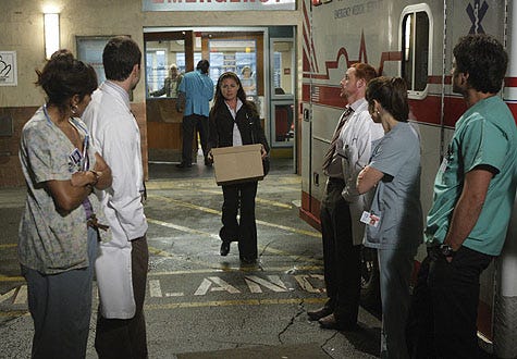 ER - Season 15, "The Book of Abby" - Maura Tierney as Abby Lockhart, Linda Cardellini as Samantha Taggart, John Stamos as Tony Gates, Scott Grimes as Dr. Archie Morris