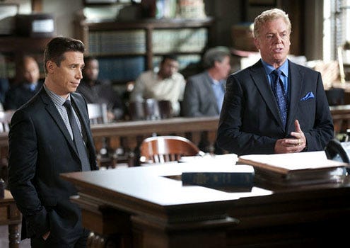 Harry's Law - Season 2 - "Insanity" - Erik Palladino as Attorney Jim Holborn and Christopher McDonald as Tommy Jefferson