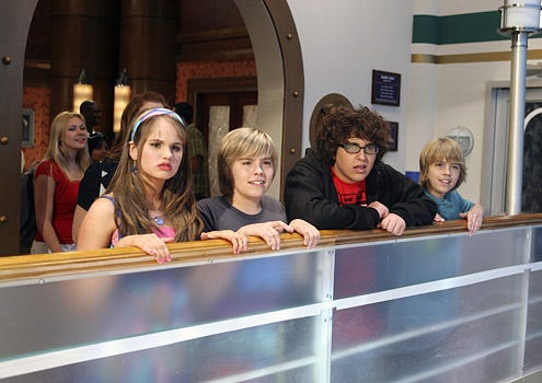 Suite Life on Deck - Season 1 - "Parrot Island" - Debby Ryan as Bailey, Dylan Sprouse as Zack, Matthew Timmons as Woody and Cole Sprouse as Cody