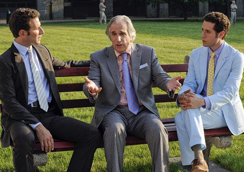 Royal Pains - Season 3 - "A Man Called Grandpa" - Mark Feuerstein as Hank Lawson, Henry Winkler as Eddie R. Lawson and Paulo Costanzo as Evan Lawson