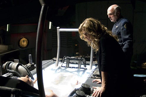 Battlestar Galactica - Season 4 - "Daybreak - Part 2" - Kate Vernon as Ellen Tigh, Michael Hogan as Colonel Saul Tigh