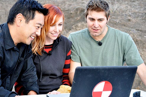 Mythbusters - Season 8 - Grant Imahara, Kari Byron and Tory Belleci view the results of the Gas Bottle Rocket test.