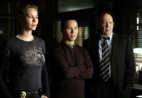 Law & Order: SVU - Season 8 - "Recall" - Connie Nielsen as Detective Dani Beck, B.D. Wong as George Huang and Dann Florek as Capt. Donald Cragen