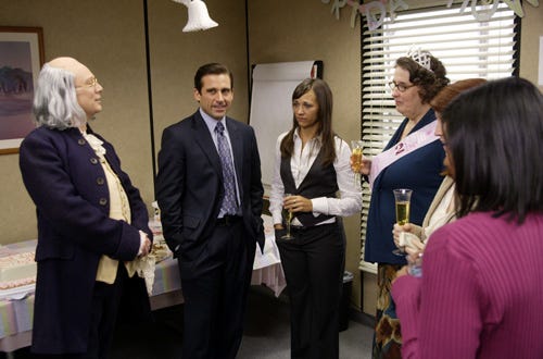The Office - "Ben Franklin" - Andrew Daly, Steve Carell, Rashida Jones, Phyllis Smith, Kate Flannery, Mindy Kaling