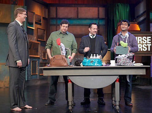 Bunk - Season 1 - Bunk host Kurt Braunohler with contestants Eugene Mirman, Tom Lennon and Kumail Nanjiani