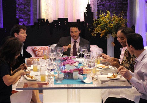 Rocco's Dinner Party - Season 1 - "Summer in the City" - Jung Lee, Jeffrey Ross, Rocco DiSpirito, Chazz Palmintieri, Damaris Lewis and Joe Downdell