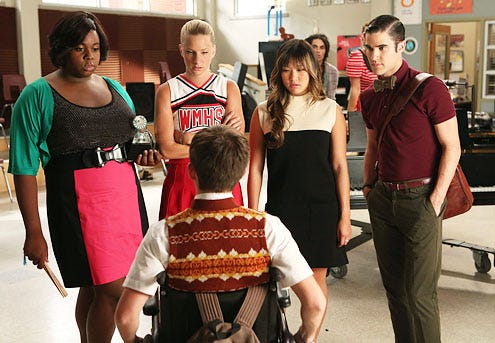Glee - Season 4 - "The New Rachel" - Alex Newell, Heather Morris, Jenna Ushkowitz and Darren Criss