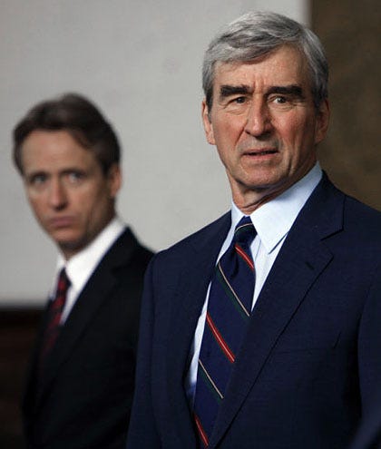 Law & Order - Season 20 - "Memo From the Dark Side" - Linus Roache as A.D.A. Michael Cutter and Sam Waterston as D.A. Jack McCoy