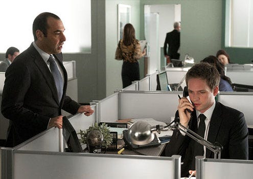 Suits - Season 1 - "Errors and Omissions" - Rick Hoffman as Louis Litt and Patrick J. Adams as Mike Ross