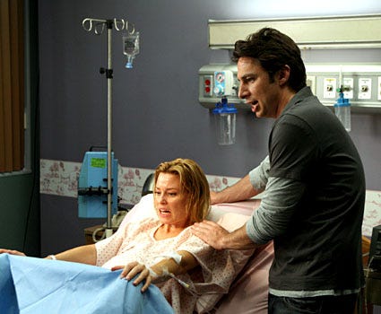 Scrubs - Season 7, "My Hard Labor" - Elizabeth Banks as Dr. Kim Briggs, Zach Braff as "J.D."