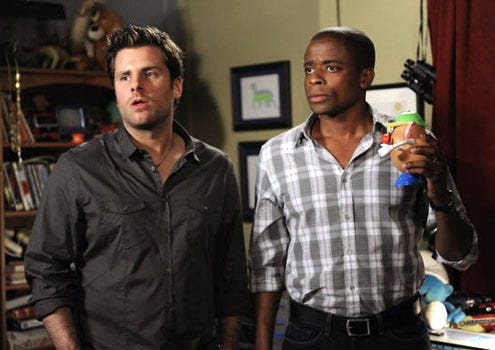 Psych - Season 4 - "Yang 3 in 2D" - James Roday as Shawn Spencer and Dule Hill as Gus Guster