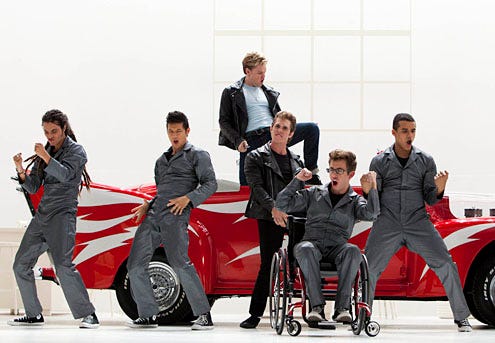 Glee - Season 4 - "Glease" - Samuel Larsen, Harry Shum Jr., Chord Overstreet, Blake Jenner, Kevin McHale, and Jacob Artist
