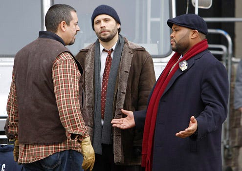 Law & Order - Season 19 - "Bailout" - Frank Pando as Silvio Mangiafico, Jeremy Sisto as Det. Cyrus Lupo and Anthony Anderson as Det. Kevin Bernard