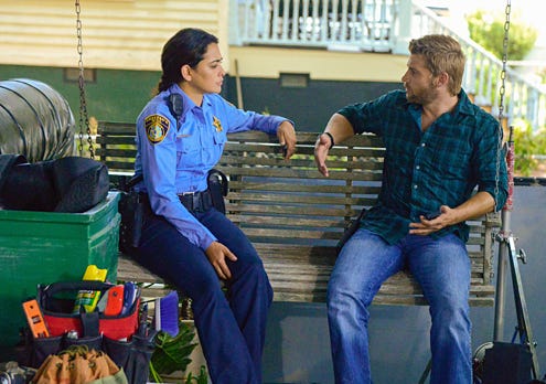 Under the Dome - Season 1 - "The Fourth Hand" - Natalie Martinez as Deputy Linda and Mike Vogel and Dale