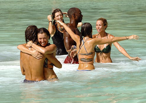 Survivor: Micronesia - Jason Siska, Parvati Shallow, Kathleen Sleckman, James Clement, Eliza Orlins and Natalie Bolton during the Immunity Challenge "United We Stand"during the sixth episode