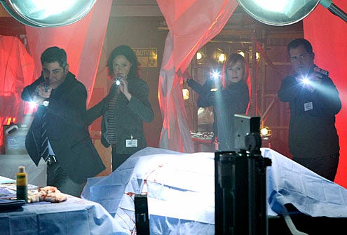 CSI - Season 11 - "Cello and Goodbye" - Jorja Fox as Sara Sidle, Marg Helgenberger as Catherine Willows and George Eads as Nick Stokes