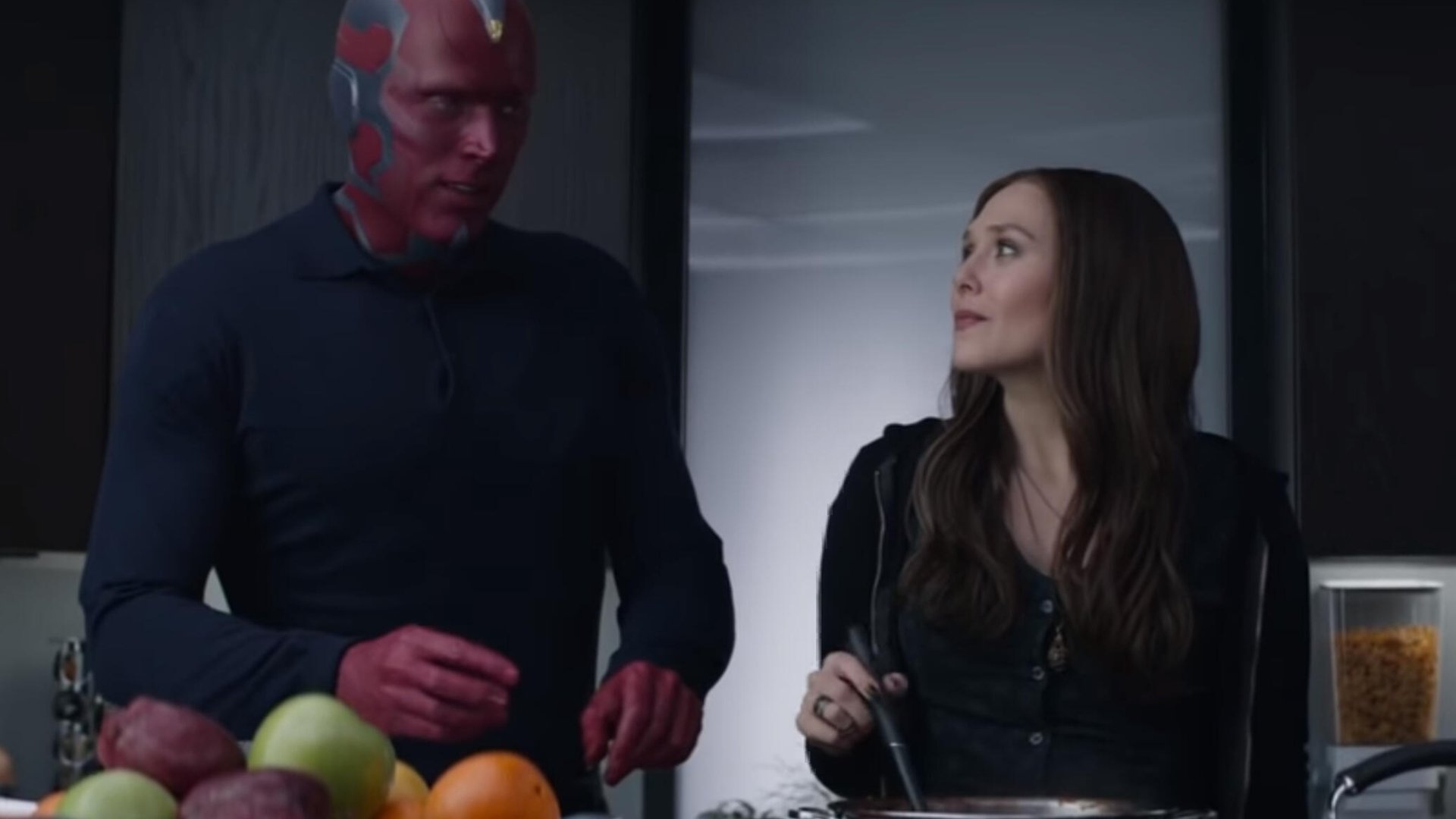 Paul Bettany and Elizabeth Olsen as Vision and Scarlet Witch