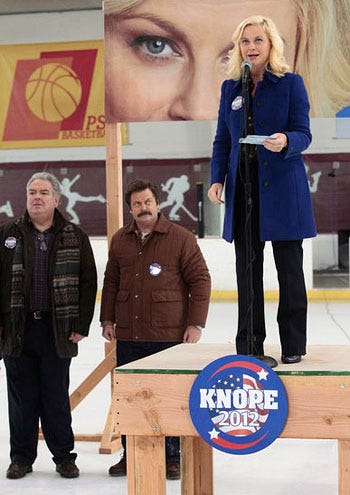 Parks and Recreation - Season 4 - "Comeback Kid" - Jim O'Heir as Jerry Gergich, Nick Offerman as Ron Swanson and Amy Poehler as Leslie Knope