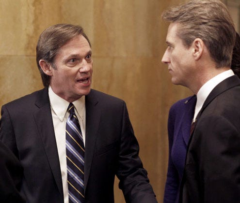 Law & Order - Season 20 - Dignity" - Richard Thomas as Roger Jenson and Linus Roache as A.D.A. Michael Cutter