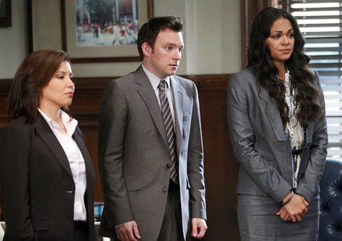 Harry's Law - Season 2 - "American Girl" - Justina Machado as Attorney Sharon Neil, Nate Corddry as Adam Branch and Karen Olivo as Cassie Reynolds