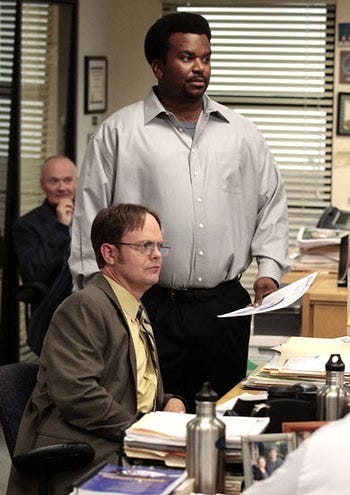 The Office - Season 8 - "Jury Duty" - Creed Bratton as Creed, Rainn Wilson as Dwight Schrute and Craig Robinson as Darryl Philbin
