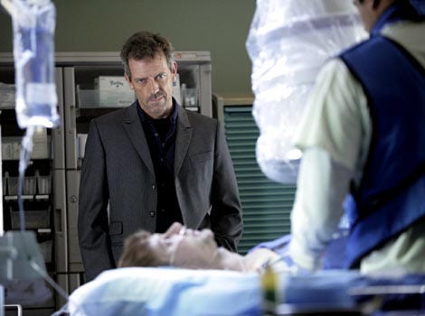 House - Season 5, "Unfaithful" - Hugh Laurie as House, Jimmi Simpson as Daniel Bresson, a priest