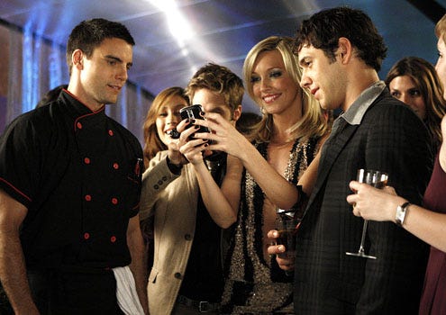 Melrose Place - Season 1 - "Canon" - Colin Egglesfield as Auggie Kirkpatrick, Shaun Sipos as David Breck, Katie Cassidy as Ella Simms and Michael Rady as Jonah Miller