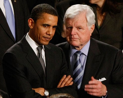 Barack Obama and Ted Kennedy - confer before State of the Union speech by President George Bush, Washington DC, January 28, 2008