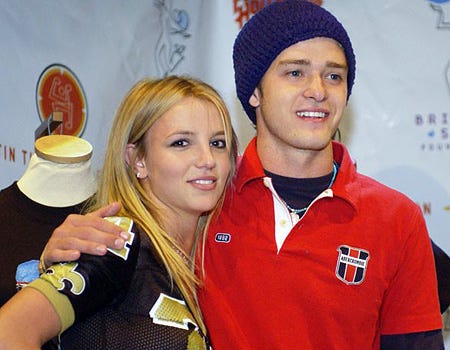 Britney Spears and Justin Timberlake - Hosting Super Bowl Fundraiser at Planet Hollywood Times Square, Feb. 3, 2002