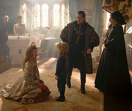 The Tudors - Season 4 - Tamzin Merchant as Katherine Howard, Eoin Murtagh as Prince Edward, Jonathan Rhys Meyers as Henry VIII, and Jane Brennan as Lady Bryant