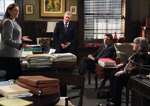 Harry's Law - Season 1 - "In the Ghetto" - Camryn Manheim as A.D.A Kim Mendelsohn, Christopher McDonald as Thomas Jefferson, Nate Corddry as Adam Branch and Kathy Bates as Harriet "Harry" Korn