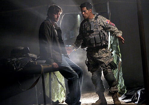 Jericho - Season 2 - "Reconstruction" - Esai Morales as Colonel Hoffman and Skeet Ulrich as Jake