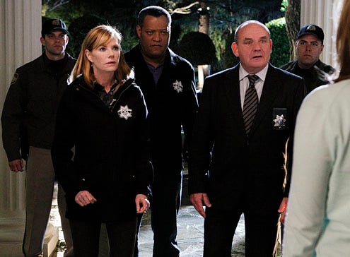 CSI - Season 11 - "Father of the Bride" - Marg Helgenberger as Catherine Willows , Paul Guilfoyle as Captain Jim Brass and Laurence Fishburne as Dr. Raymond Langston
