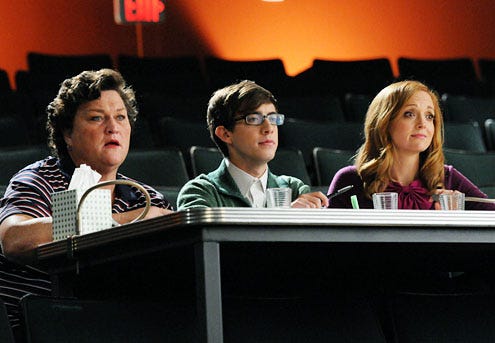 Glee - Season 3 - "The First Time" - Dot-Marie Jones as Coach Beiste, Kevin McHale as Artie and Jayma Mays as Emma